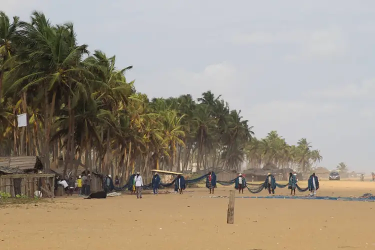 Les pêcheurs ramassant du filet à Allongo